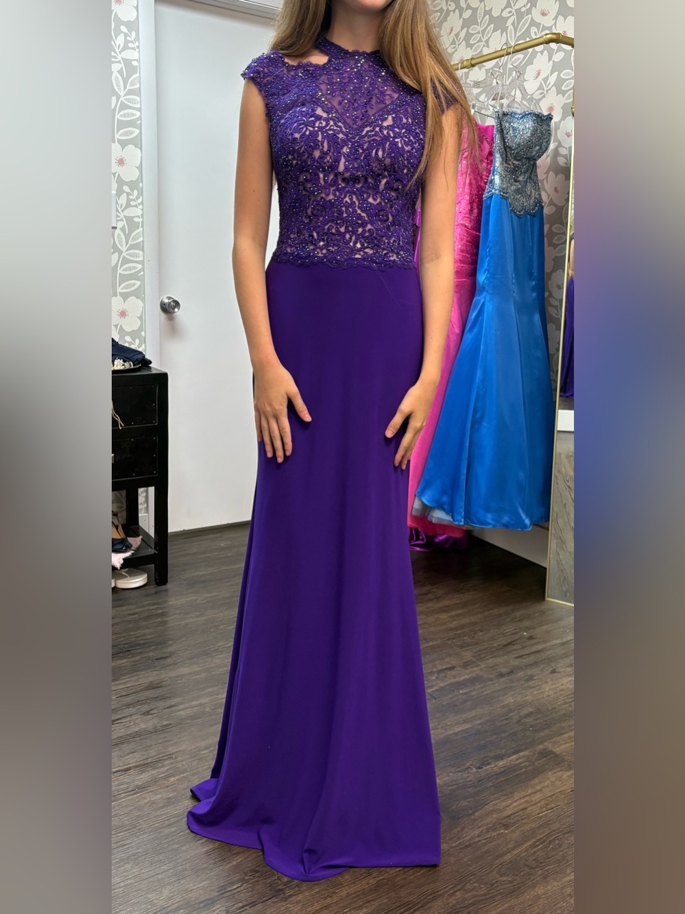 Elegant Purple Lace Bodice Evening Gown